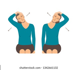 Vector colorful illustration. Neck exercises by girl for relax. Tilt head to the shoulder. Pull head in the opposite direction. Creative concept. Blue and grey colors. White background