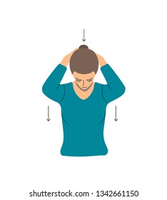 Vector colorful illustration. Neck exercises by girl for relax. Tilt head. Lower down this by hands. Creative concept. Blue and grey colors. White background