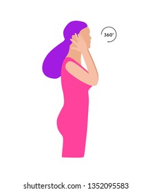 Vector colorful illustration. Neck exercises by girl for relax. Work with head and ear massage. Creative concept. Pink and purple colors. White background