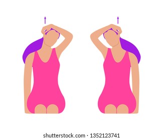 Vector colorful illustration. Neck exercises by girl for relax. Put your finger behind the ear and pull the head up. Creative concept. Pink and purple colors. White background
