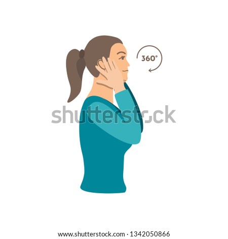 Vector colorful illustration. Neck exercises by girl for relax. Work with head and ear massage. Creative concept. Blue and grey colors. White background