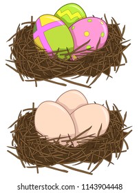 Vector colorful illustration of nest with egg and easter eggs