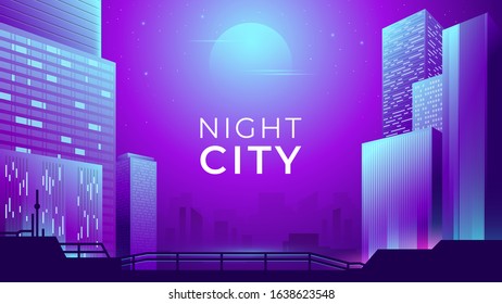 Vector colorful illustration of a night city on a background of moonlight with neon