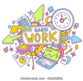 Vector colorful illustration of office objects with text on white background. Hard work concept. Thin line art flat design of laptop, clock, phone, documents for rush and overtime work theme