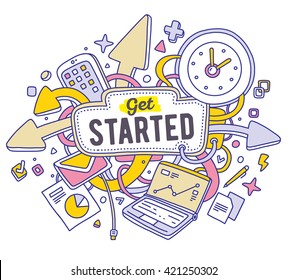 Vector colorful illustration of office objects with text on white background. Get started concept. Thin line art flat design of laptop, clock, phone, documents for start up, management, business theme
