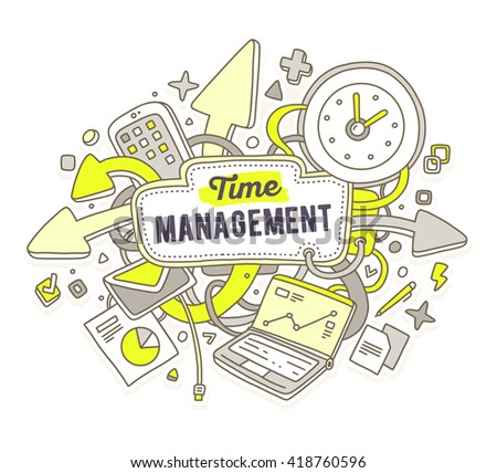 Vector colorful illustration of office objects with text on white background. Time management concept. Thin line art flat design of laptop, clock, phone, documents, arrows for time management theme