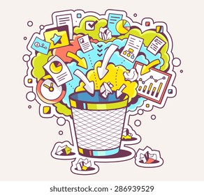 Vector colorful illustration of office trash can and documents on light background. Hand draw line art design for web, site, advertising, banner, poster, board and print. 