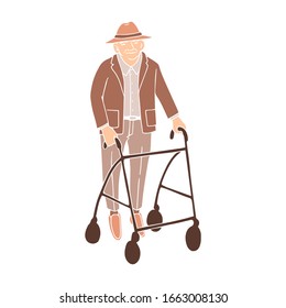 Vector colorful illustration of old man walking with rollator isolated on white background