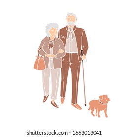 Vector colorful illustration of old people walking with their dog isolated on white background