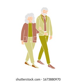 Vector colorful illustration of old people walking and talking, isolated on white background