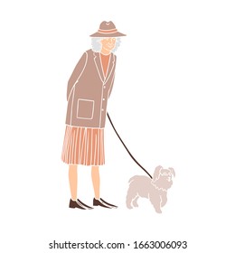 Vector colorful illustration of old woman walking with dog isolated on white background