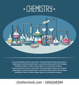 Vector colorful illustration on the theme of chemistry, chemical laboratory and science. Special chemical equipment with different liquids and solutions, chemical reactions
