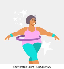 Vector colorful illustration on the theme of sport, healthy lifestyle, gym, workout. Training woman in sportswear with hoop. Female cartoon character. Flat design illustration