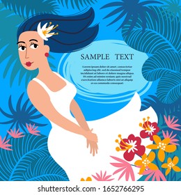 Vector colorful illustration on the theme of travel and leisure, tropics and summer. Beautiful young woman stands in a rainforest surrounded by flowers. Flat cartoon design