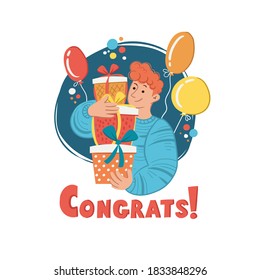 Vector colorful illustration on the theme of gift giving, celebration, greetings, surprise, congratulations, birthday, holiday. Young man holding a lot of presents. Cartoon background