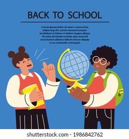 Vector colorful illustration on the theme of school, study, students. Schoolboy and schoolgirl with textbooks and globe. Cartoon flat background for use in design