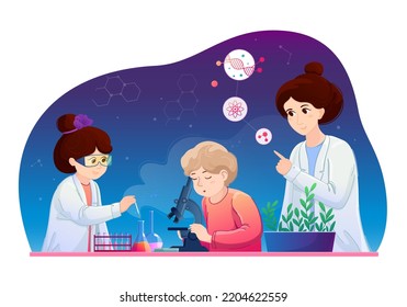 Vector colorful illustration on the theme of education and school. Chemical experiments in the laboratory for children. The boy looks into the microscope. The teacher explains the assignment.