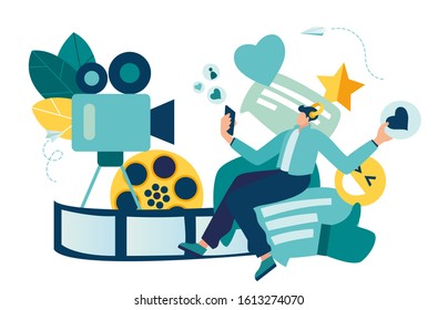 Vector colorful illustration of online communication, channel management, social networks, chat, video, news, messages, website, search for friends, mobile web graphic