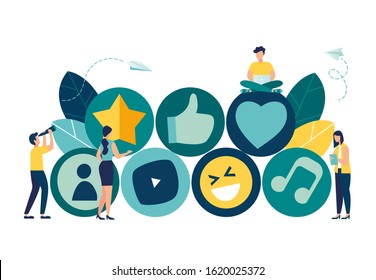 Vector colorful illustration of online communication, channel management, social networks, chat, video, news, messages, website, search for friends, mobile web graphic