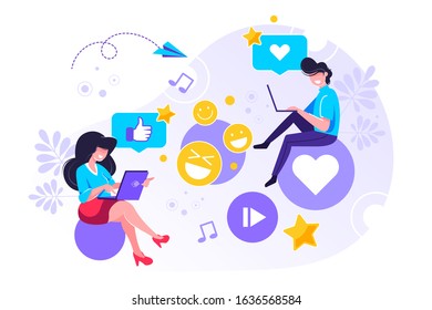 Vector colorful illustration of online communication, channel management, social networks, chat, video, news, messages, website, search for friends, mobile web graphic