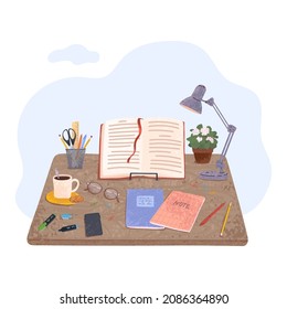 Vector colorful illustration of open book on table, lamp notebooks, stationery in textured flat style. Reading and learning concept