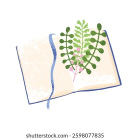 Vector Colorful Illustration of Open Book with Greenery Isolated on White Background