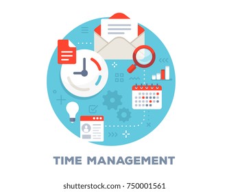 Vector colorful illustration of open envelope with letter, clock, calendar and icons. Time management concept on blue background with title. Flat style design for web, banner, business presentation