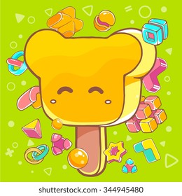 Vector colorful illustration of orange ice cream bear on green background with abstract elements. Hand draw line art design for web, site, advertising, banner, poster, board, brochure and print.