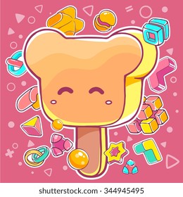 Vector colorful illustration of orange ice cream bear on pink background with abstract elements. Hand draw line art design for web, site, advertising, banner, poster, board, brochure and print.