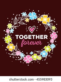 Vector colorful illustration of ornate template with round floral frame, flowers and inscription on dark background. Hand drawn flat doodle art design for flower poster, party card, wedding invitation