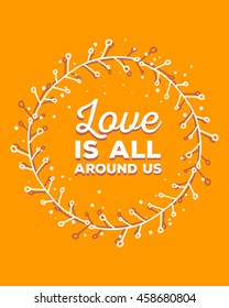 Vector colorful illustration of ornate template with round floral frame and inscription on orange background. Hand drawn flat doodle art design to make flower poster, party card, wedding invitation