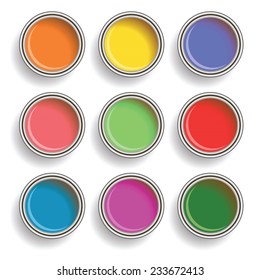 Vector Colorful illustration with Paint Cans Color Palette on White Background. Accessories for Painting. Collection of Colored Pigments