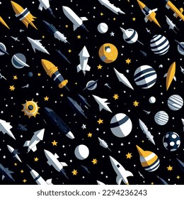 Vector colorful illustration of pattern of rockets, stars and planets. Art in a childish and stripped style.