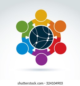 Vector Colorful Illustration Of People Standing Around Network Sign, Management Team. Global Business Conceptual Icon. Connection Idea.