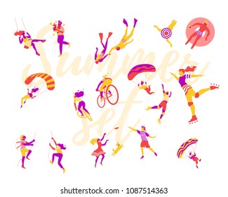 Vector colorful illustration of people summer activities. Trendy bright color palette for web, application, print design