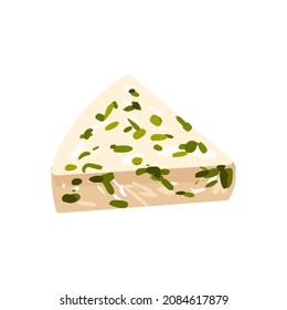 Vector colorful illustration of piece of cheese with herbs isolated on white background