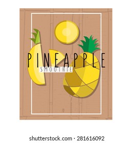 vector colorful illustration of pineapple slices in flat design style with signature on textured wood table background as template for restaurant or cafe menu, cocktail or smoothie recipes, print