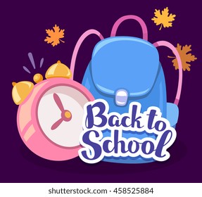 Vector colorful illustration of pink alarm clock, blue backpack, yellow maple leaves with inscription back to school on dark background. Bright design for web, site, advertising, banner, poster