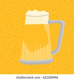 Vector colorful illustration with pint of beer on yellow textured background. Big beer glass mug with foam. Light craft Beer. Design for t-shirt, print or card for brewers on Oktoberfest