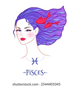 Vector ilustración colorida del signo del zodiaco de Piscis retrato femenino