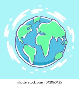 Vector colorful illustration of planet Earth on blue background with clouds. Hand draw line art design for web, site, advertising, banner, poster, board, brochure and print.