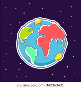 Vector colorful illustration of planet Earth on dark background with stars. Hand draw line art design for web, site, advertising, banner, poster, board, brochure and print.