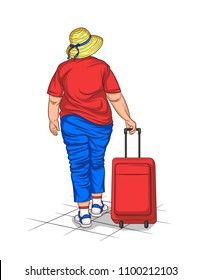 Vector colorful illustration of plump european woman walking with luggage. Back view of traveller woman in summer clothes with suitcase