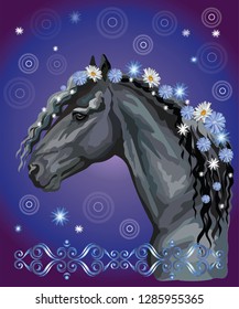 Vector colorful illustration. Portrait of black horse with different flowers in mane isolated on blue gradient background with decorative ornament and circles. Image for art and design 