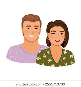 Vector Colorful Illustration Portrait a Couple Isolated on White Background