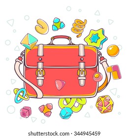 Vector colorful illustration of red shoulder bag on white background with abstract elements. Hand draw line art design for web, site, advertising, banner, poster, board, brochure and print.