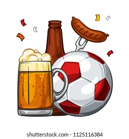 Vector colorful illustration of red soccer ball with beer. Soccer ball with glass of light beer with sausage and brown bottle, isolated on white background 1.1