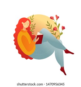 Vector colorful illustration with red-haired girl reading book with flower bookmark. Concept for relaxation, tranquility, comfort, study, learn, read. Lovely cartoon character for autumn time.