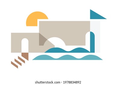 Vector colorful illustration. Relaxation, vacation, architecture, summer, Mediterranean concept, for branding, website elements, logo.