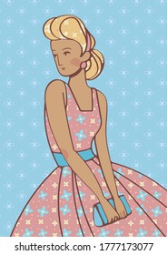 Vector colorful illustration retro style woman in pink dress, 50's style